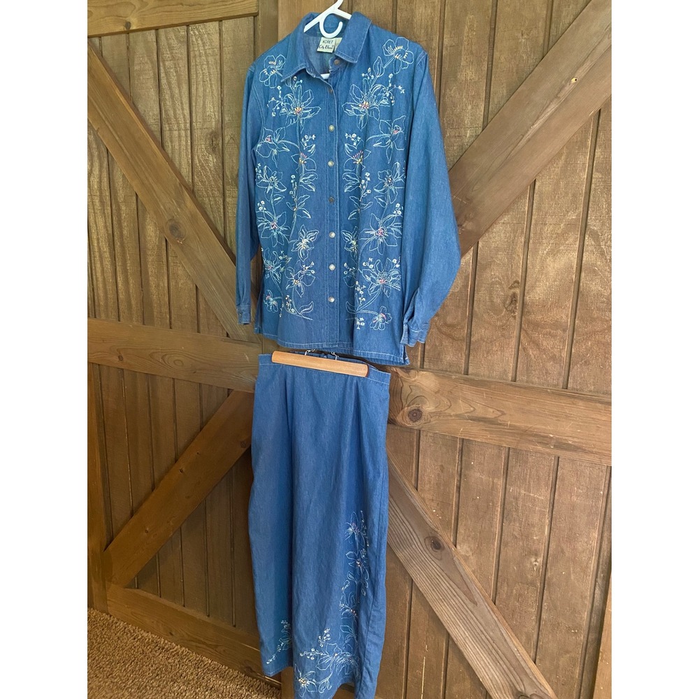 Koret City Blues Two Piece Denim Maxi Skirt and Top Small 8 Floral Embroidered
